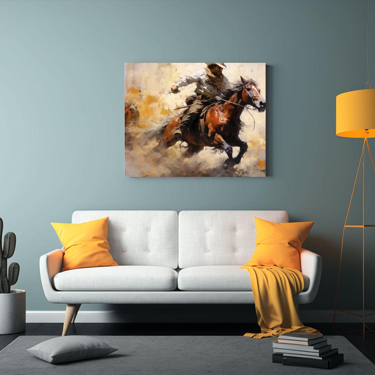 Cuadro De Cowboy Domando Caballo En Gran Lienzo. 90x60cm-2
