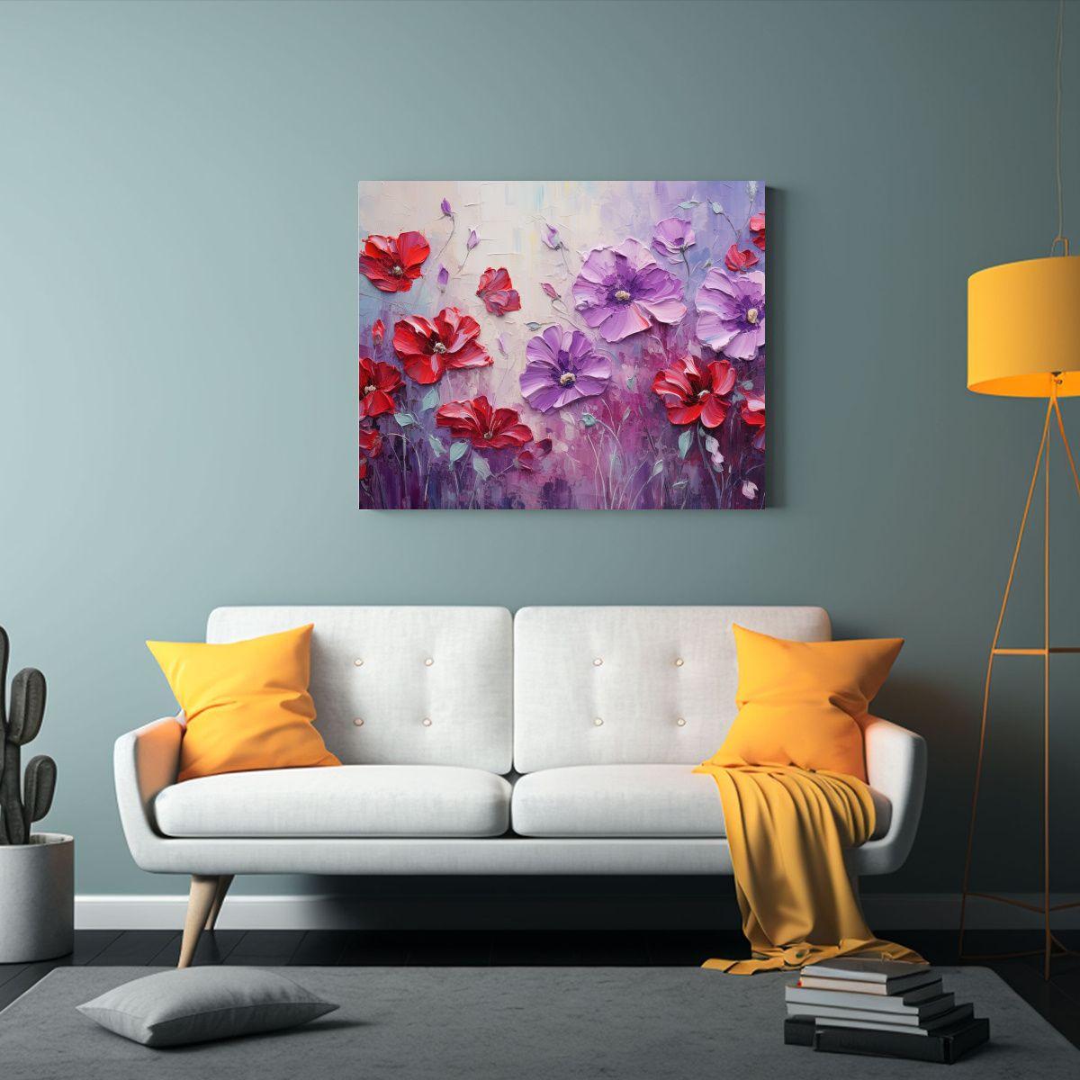 Pintura Multicolor Con Flores En Lienzo En Decoración. 75x50cm-2