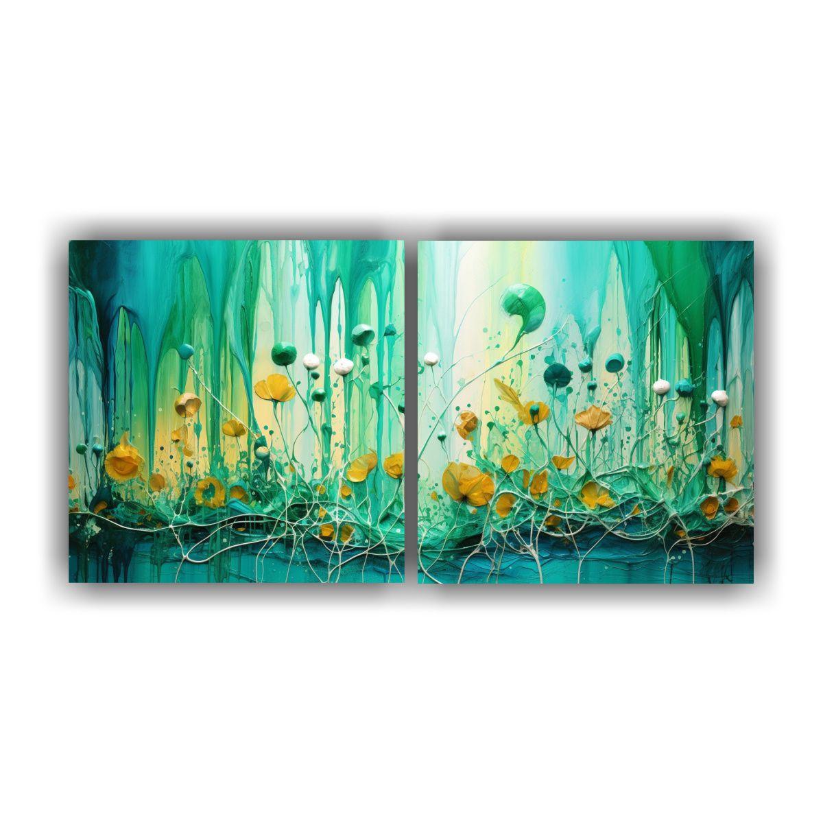 Dos Lienzos Simetría En Verde Y Dorado Estilo 40x20 Cm-0