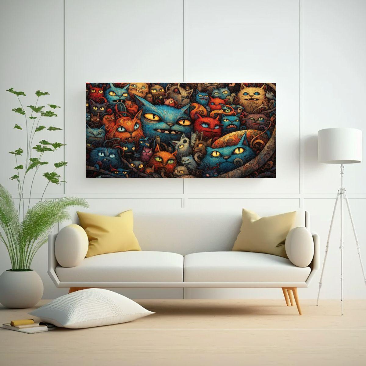 Cuadro De Gatos Locos En Estilo Colorido: Lienzo 100x50cm-2