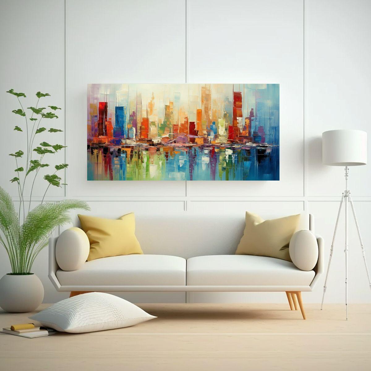 Cuadro Abstracto De La Ciudad En Lienzo: Detalle 160x80cm-2