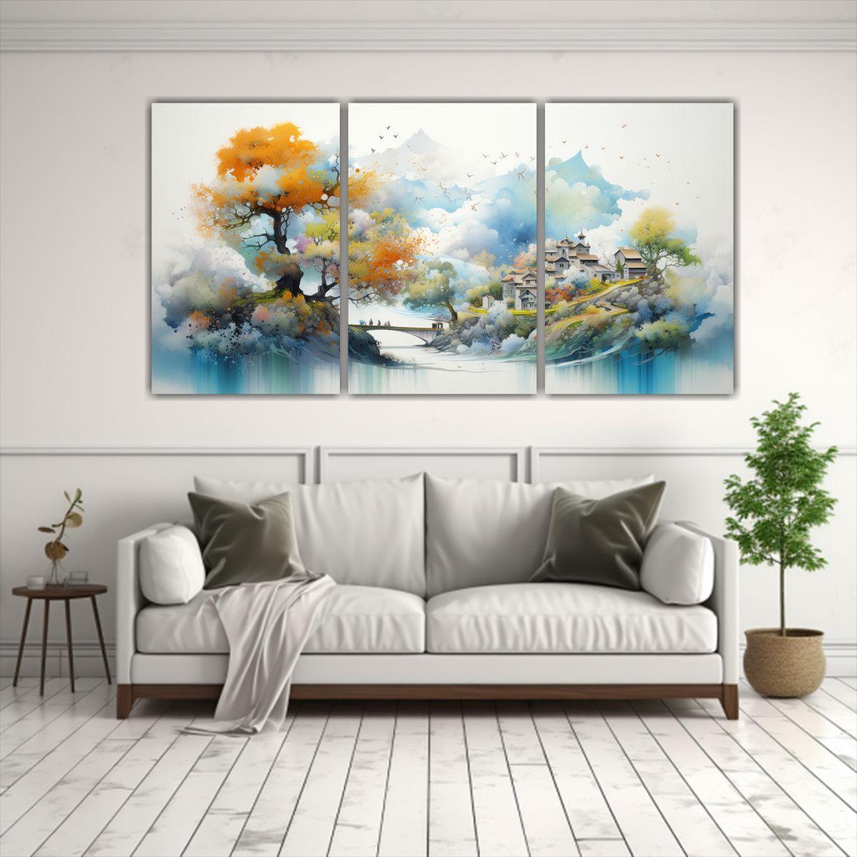 Paisajes Acuarelas Abstractas En Tres Cuadros 60x30 Cm-2