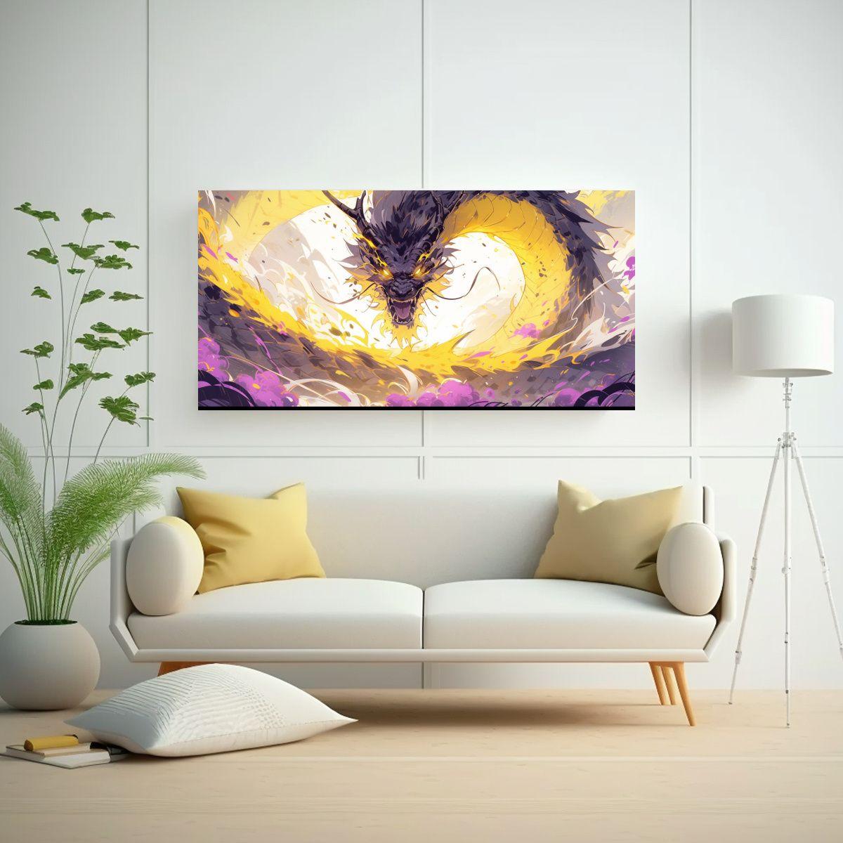 Cuadro Decorativo: Dragón Amarillo Y Morado En At 80x40cm-2