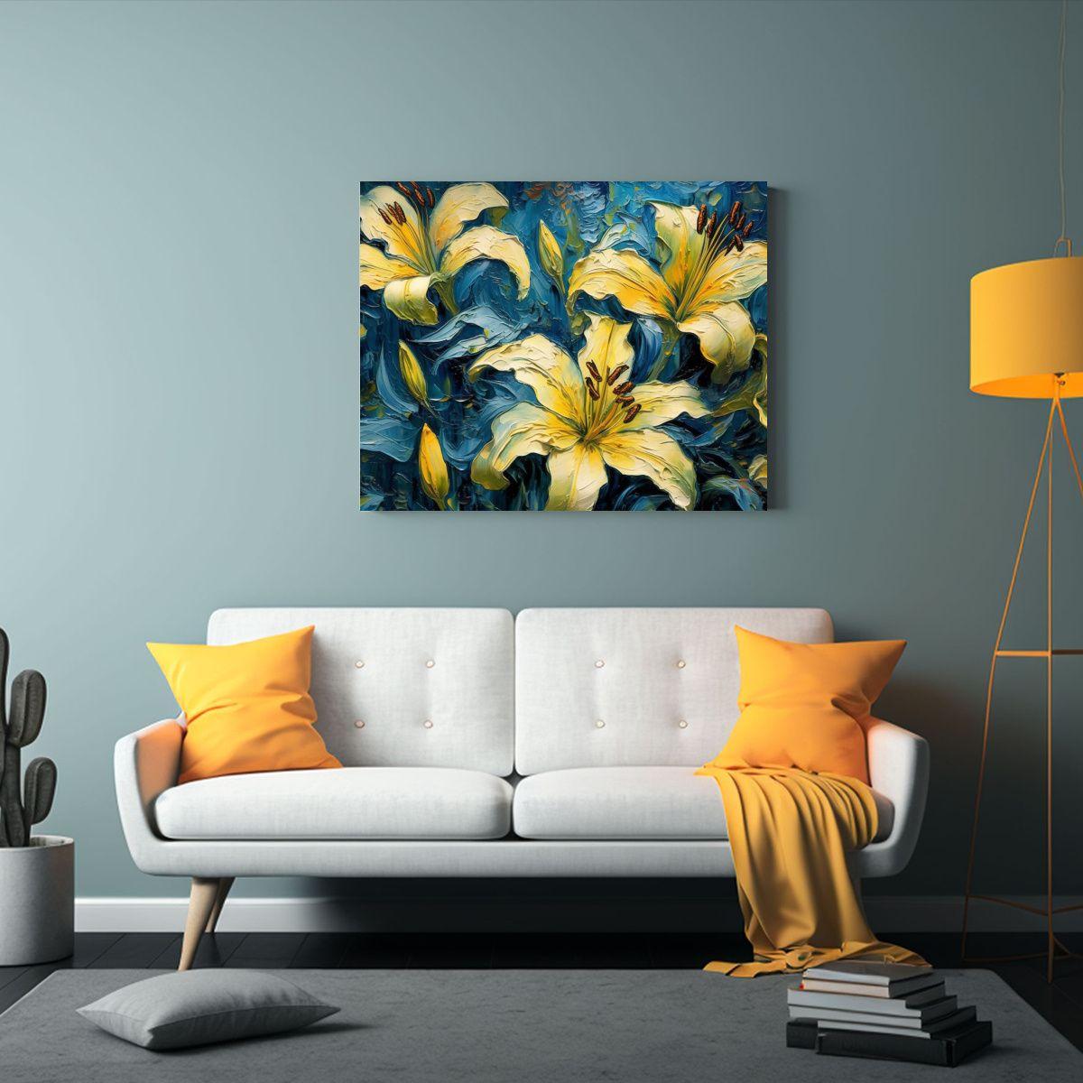 Cuadro Patron Intenso De Lirios Amarillos Sobre Fondo Azul A 60x40cm-2
