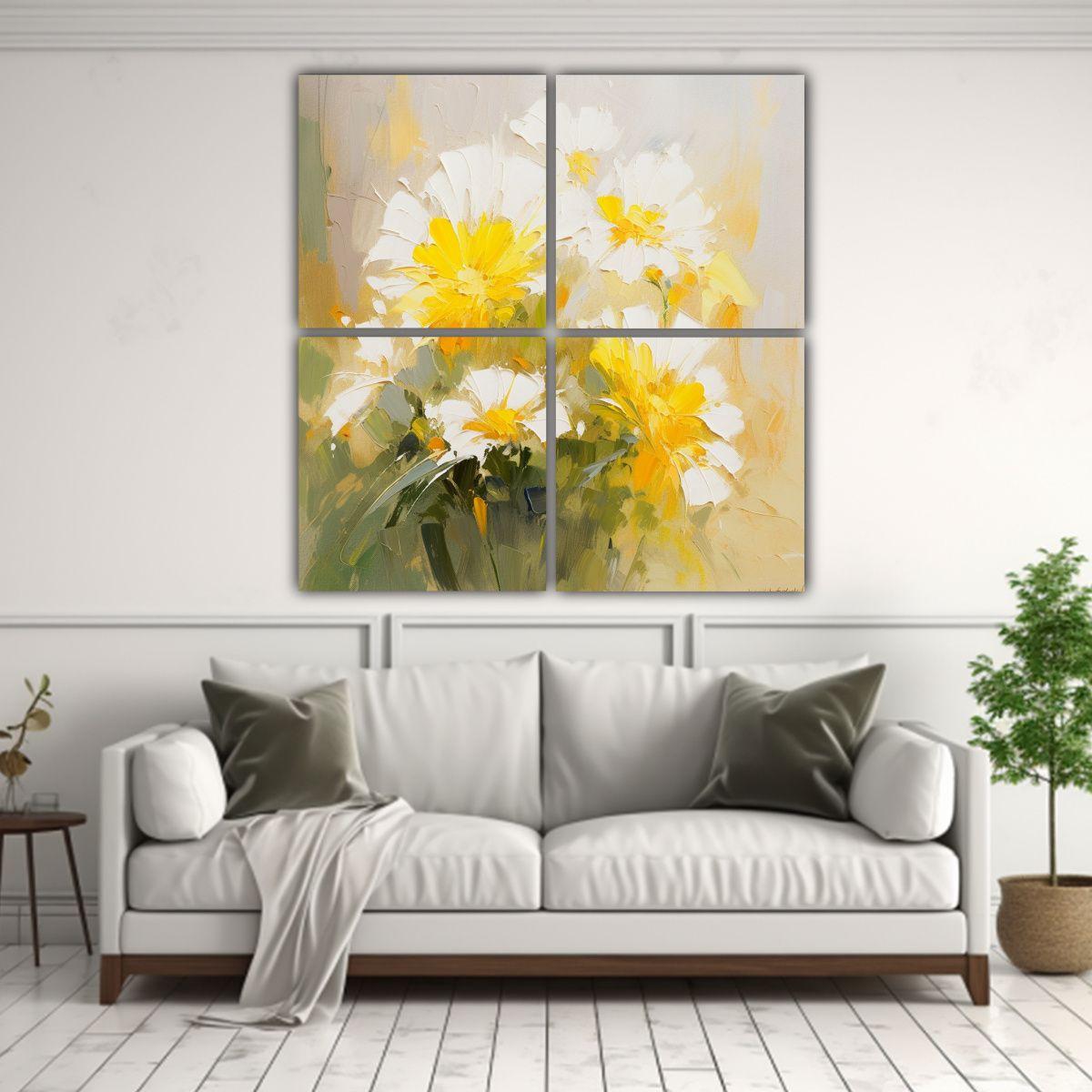 Cuadro Minimalista Amarillo Y Blanco Con Flores 60x60 Cm-2
