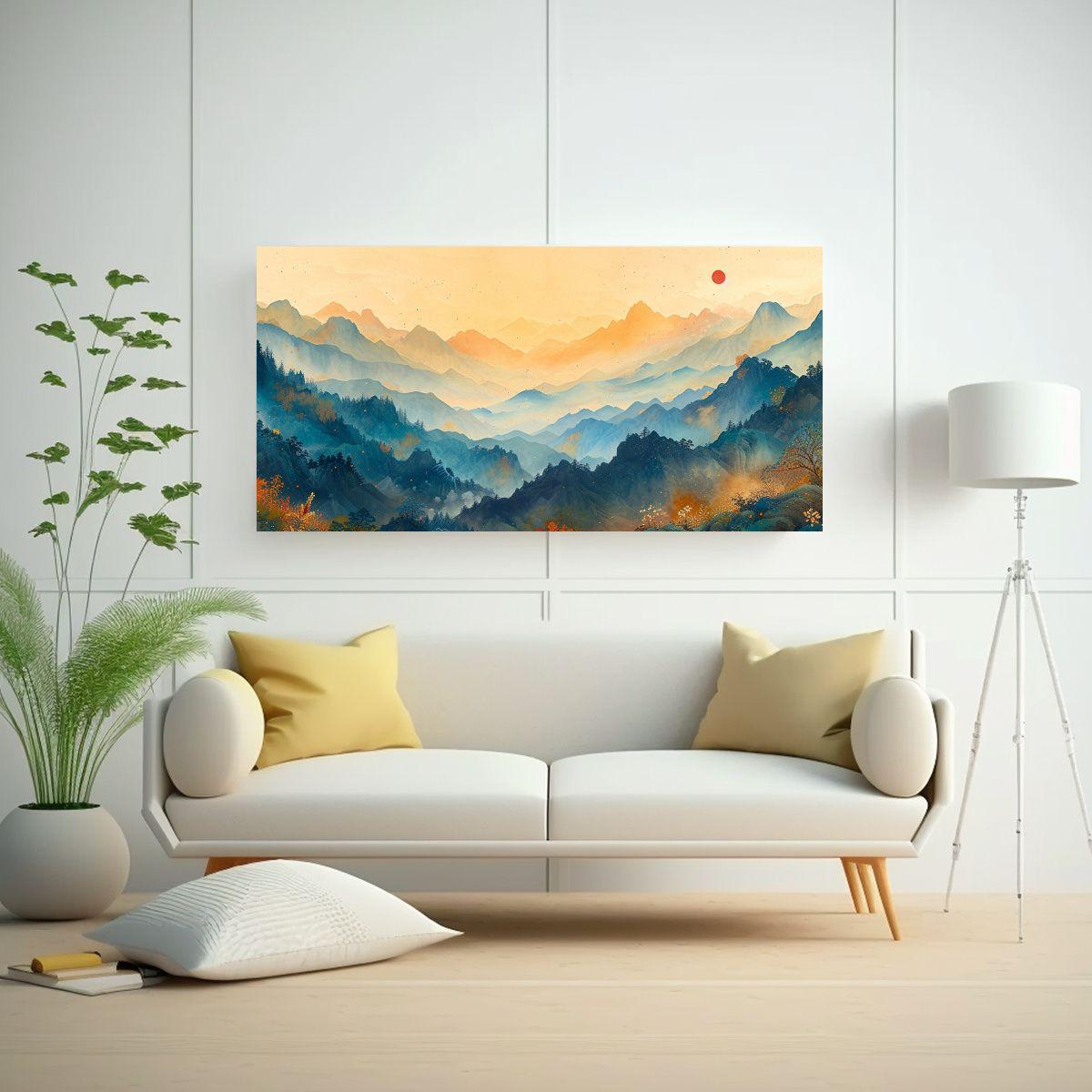 Cuadro Chino Montañas Colores Vibrantes Y Tinta 80x40cm-2