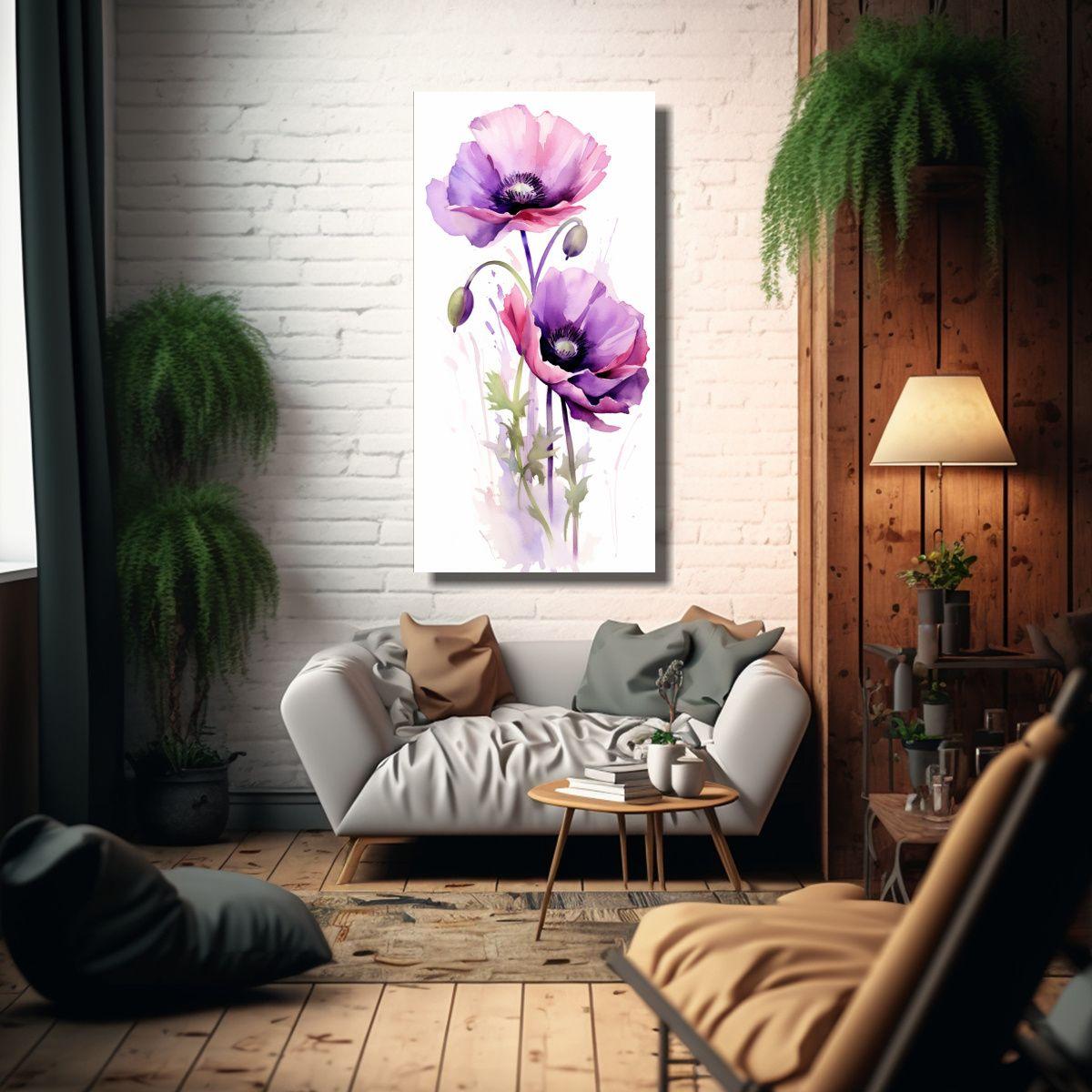 Arte Pared Decorativo Flores Amapolas Púrpuras 30x60cm-2