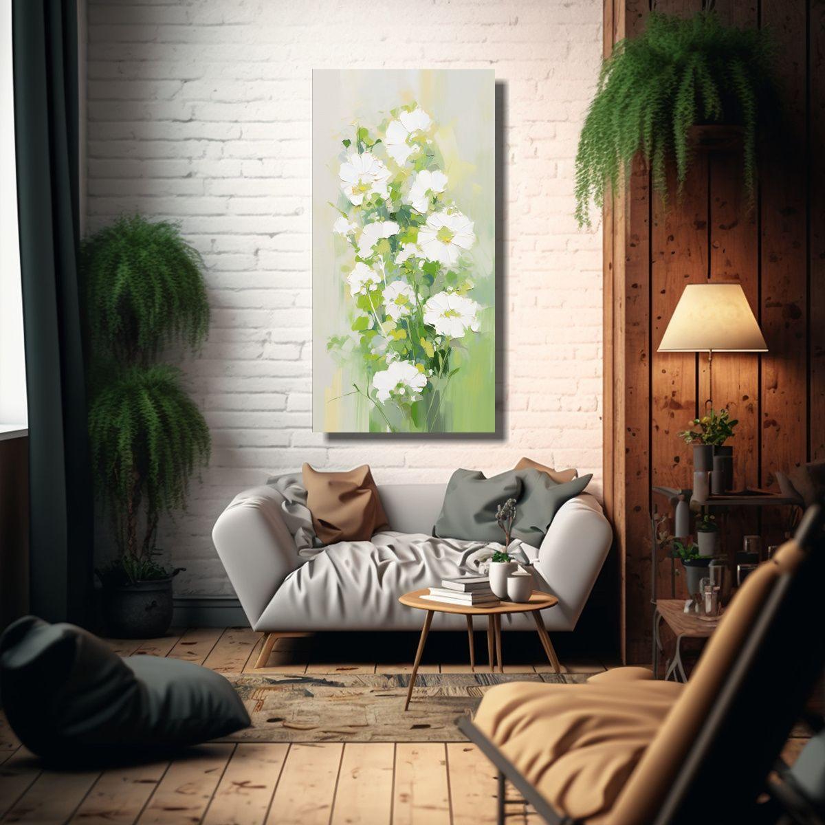 Pintura Vertical Escena Flores Verdes Y Blancas 50x100cm-2