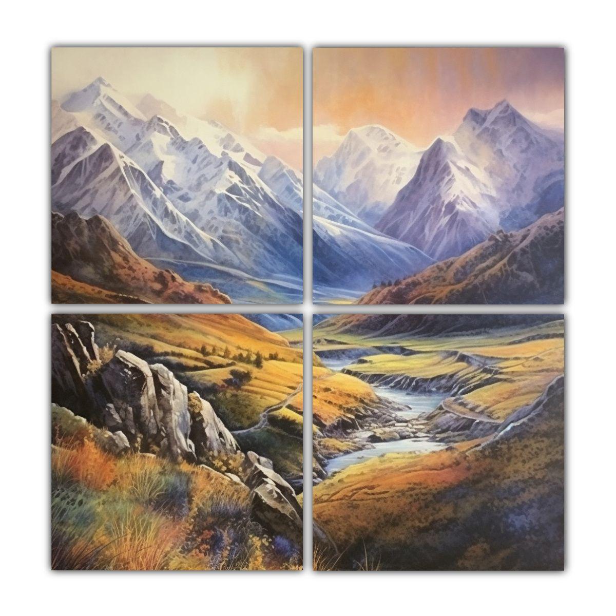 Paisaje Montañoso En Acrílico Con 4 Telas 200x200 Cm-0