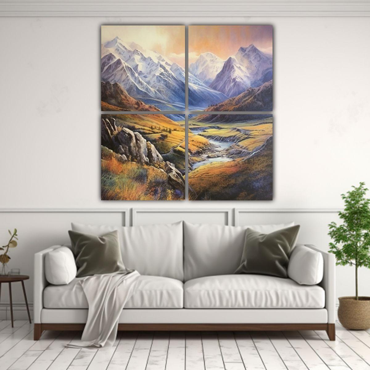 Paisaje Montañoso En Acrílico Con 4 Telas 200x200 Cm-2