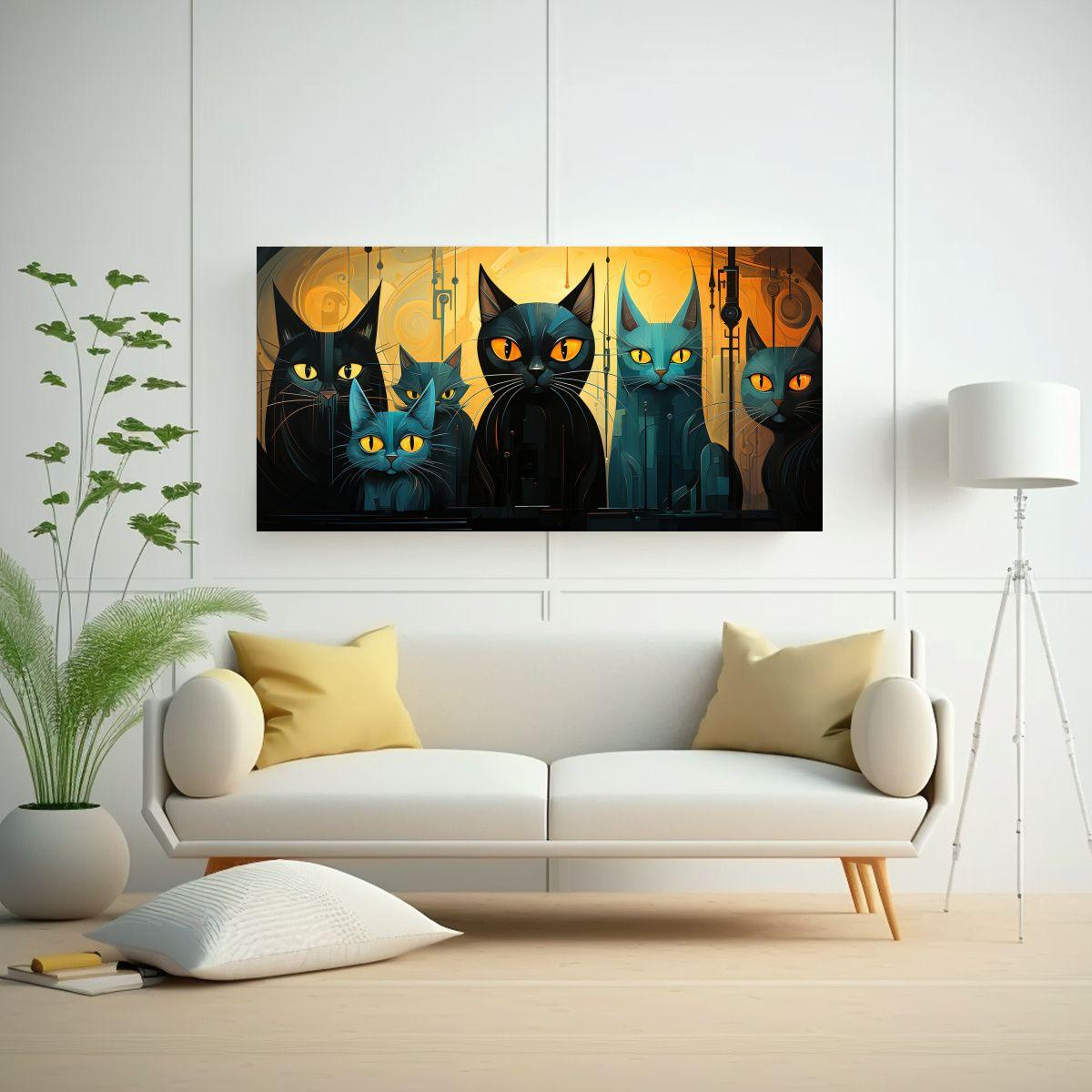 Cuadro De Gatos Negros En Grupo, Arte De Pared 40x20cm-2