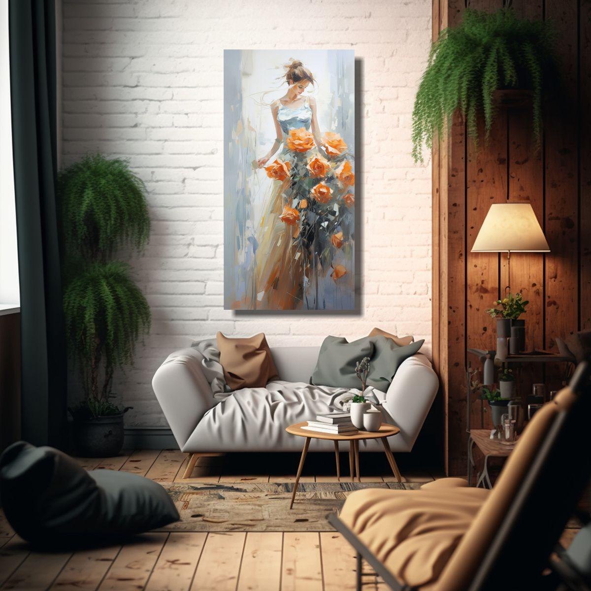 Pintura En Lienzo De Rosas Naranjas Estilo Arte 80x160cm-2