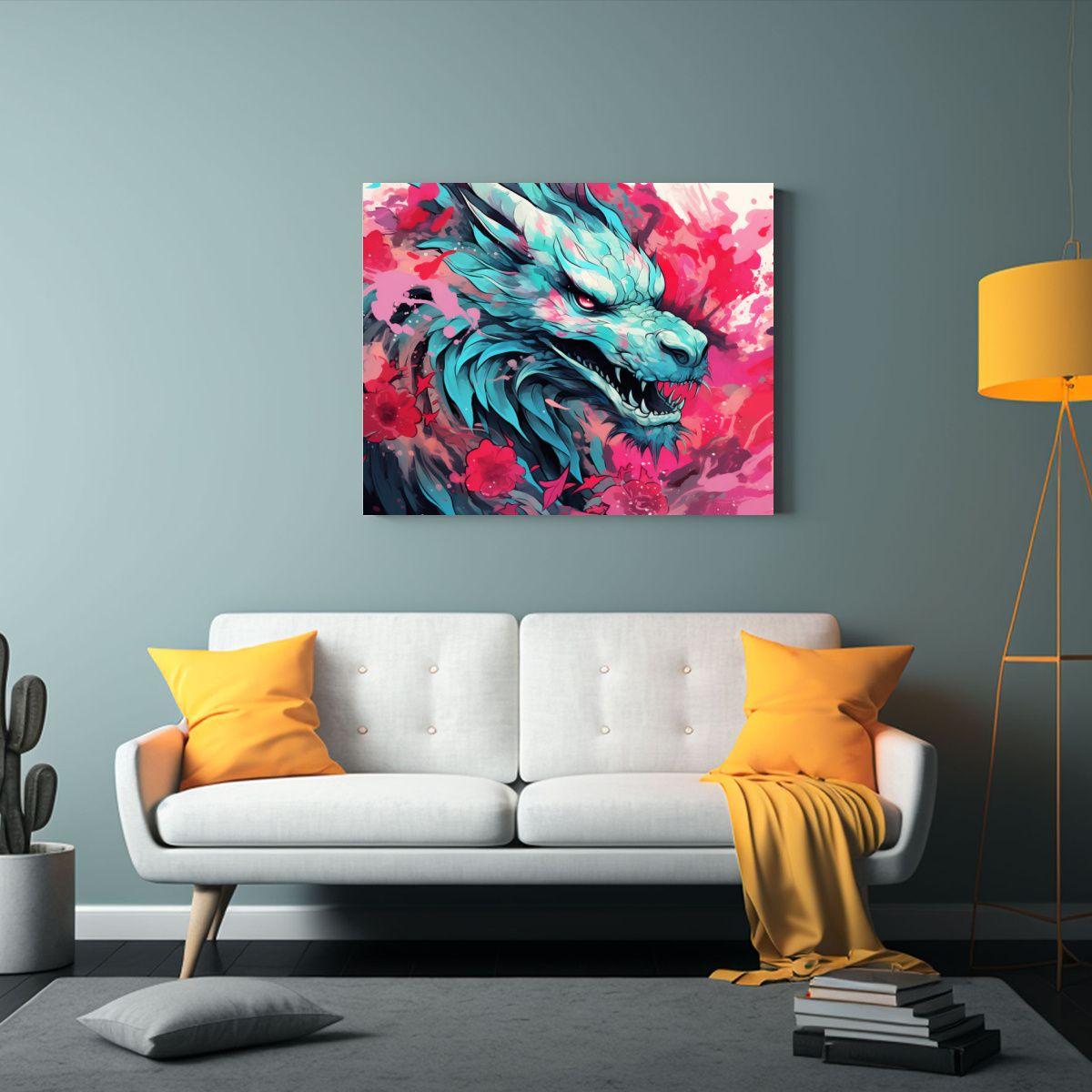 Cuadro Neonoir Con Dragón Y Flores En Rosa Y Turquesa 65x50cm-2