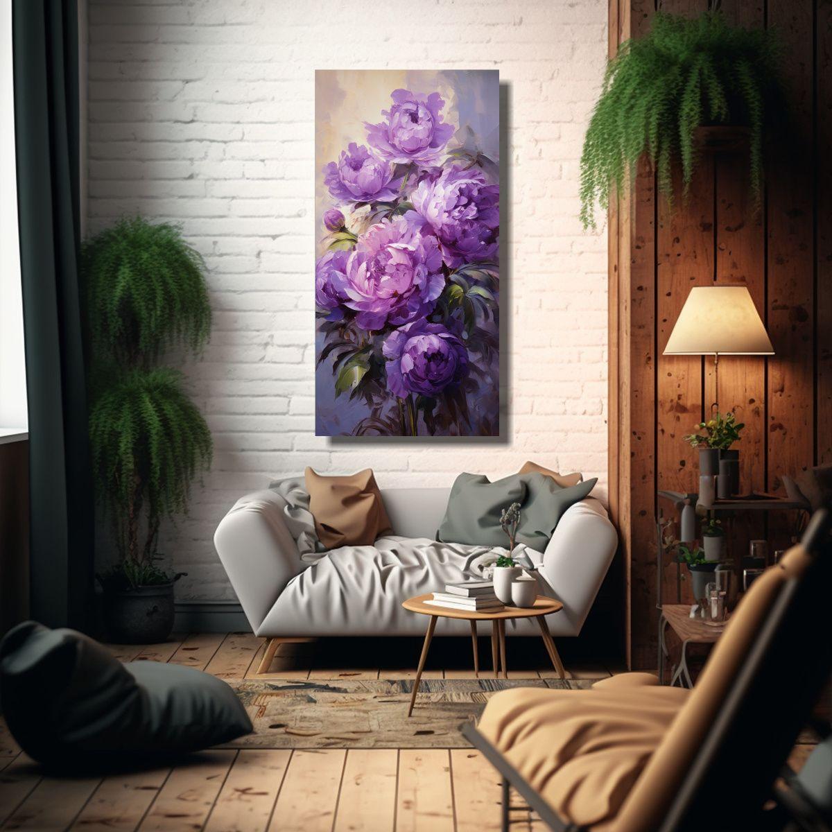 Paisaje Urbano Con Peonías Púrpuras En Lienzo 50x100 Cm-2