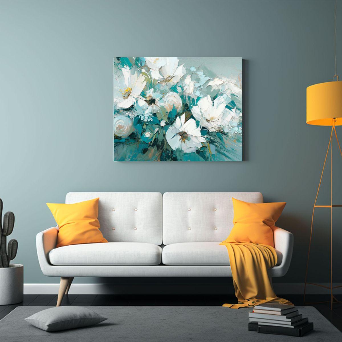 Pintura Acuarela Relieve Flores Blanco Y Teal 65x50cm-2