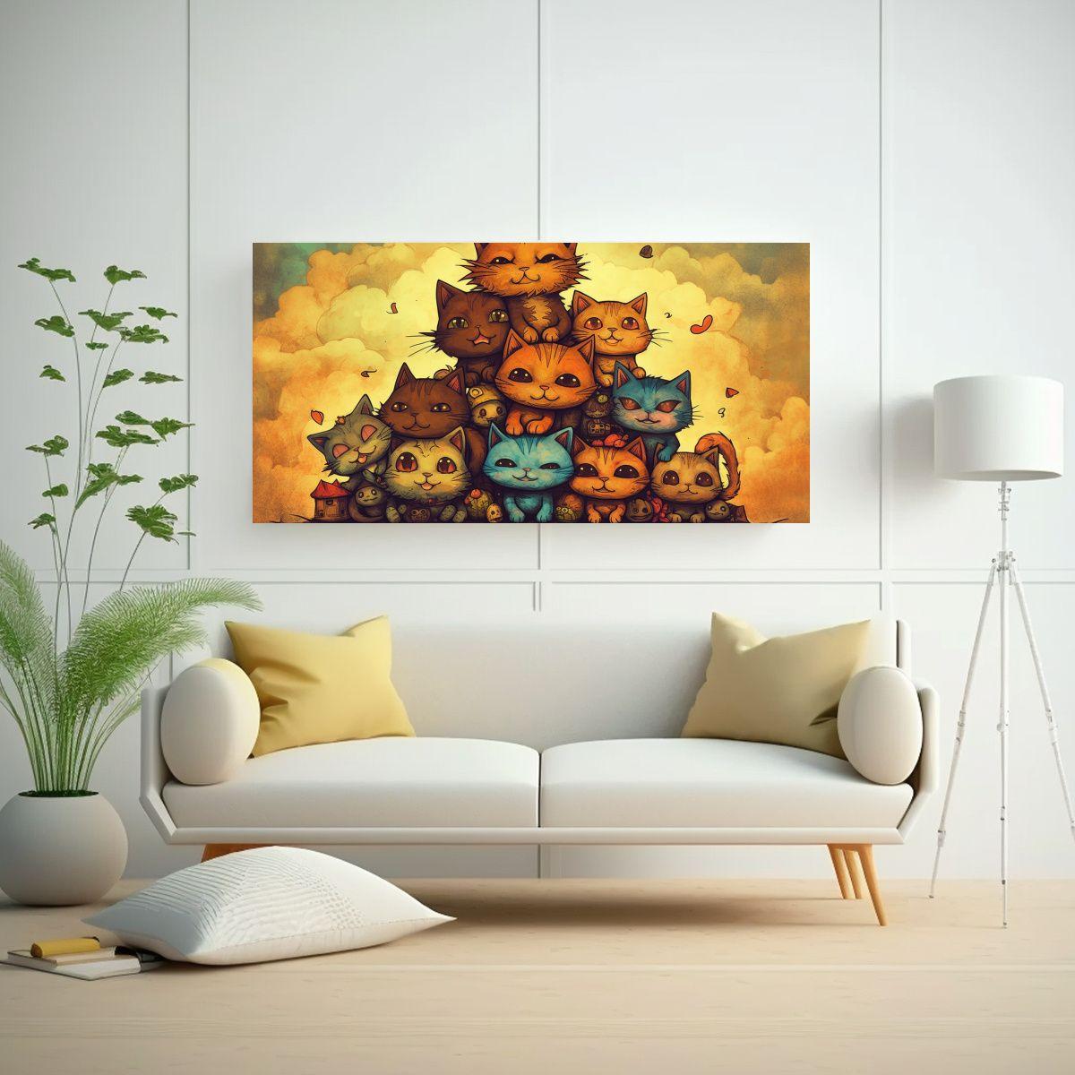 Cuadro Decorativo Gatos Posados En Pila Mirando 100x50cm-2