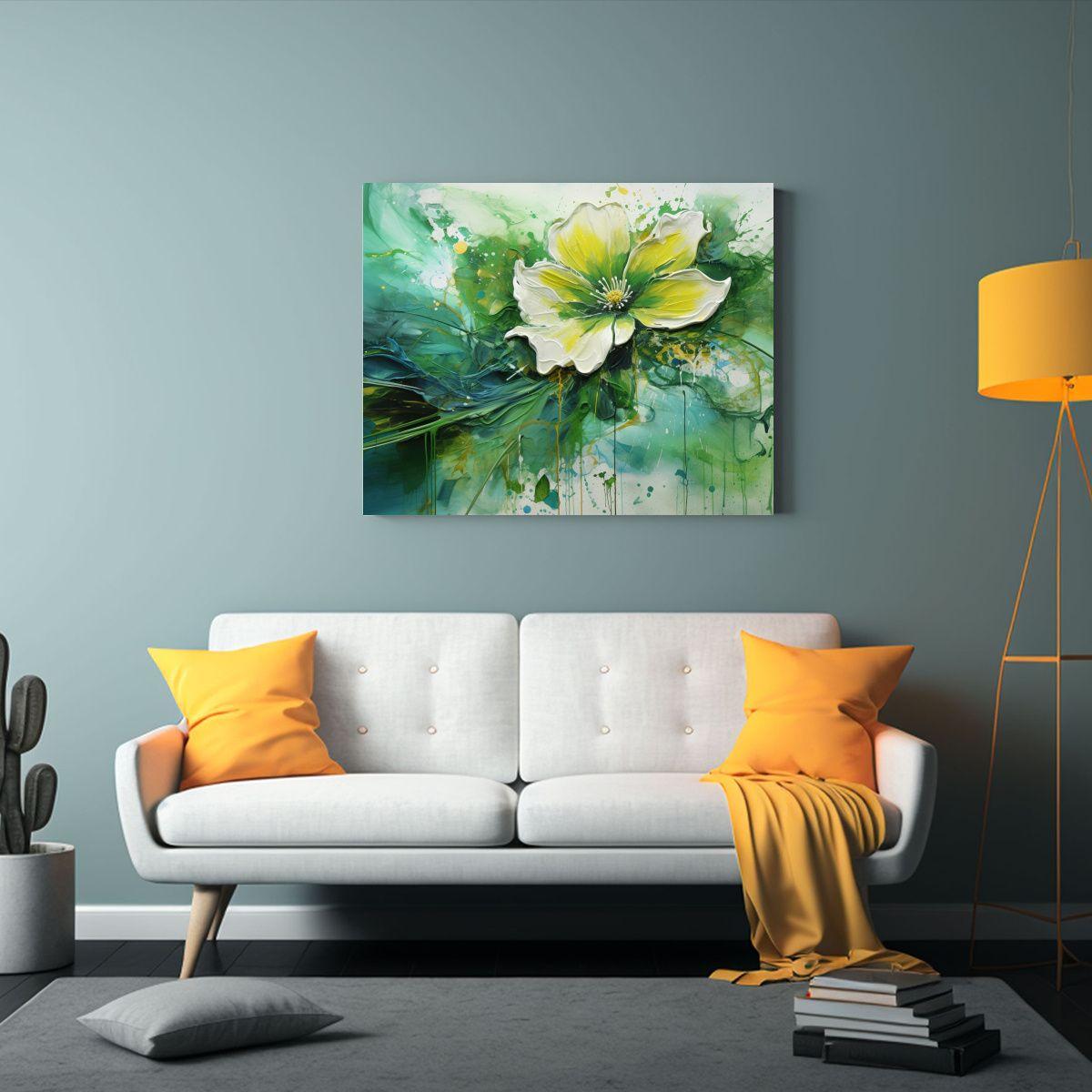 Pintura Abstracta En Tonos Verdes Y Flores 75x50cm-2