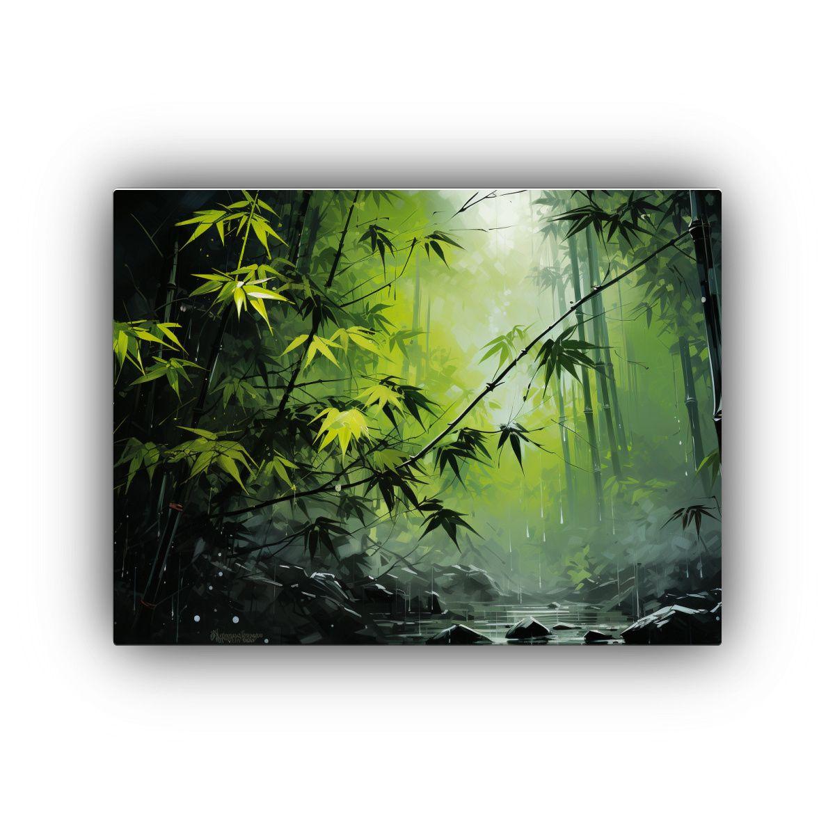 Lienzo De Tela Hojas De Bambú Verdes Y Negras, 75x50 Cm-0