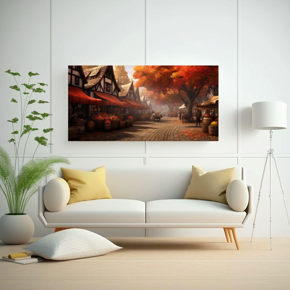 Pintura De Pared Medieval En Mercado De Pueblo 80x40cm-2