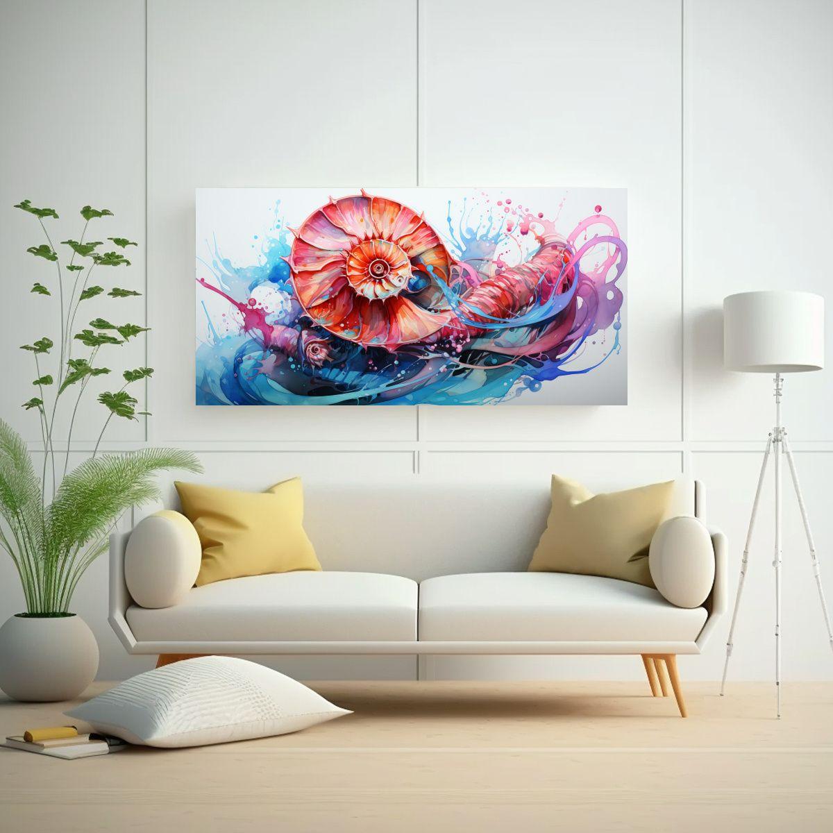 Pintura De Nautilus En Acuarelas Y Tonos Rosados 40x20 Cm-2