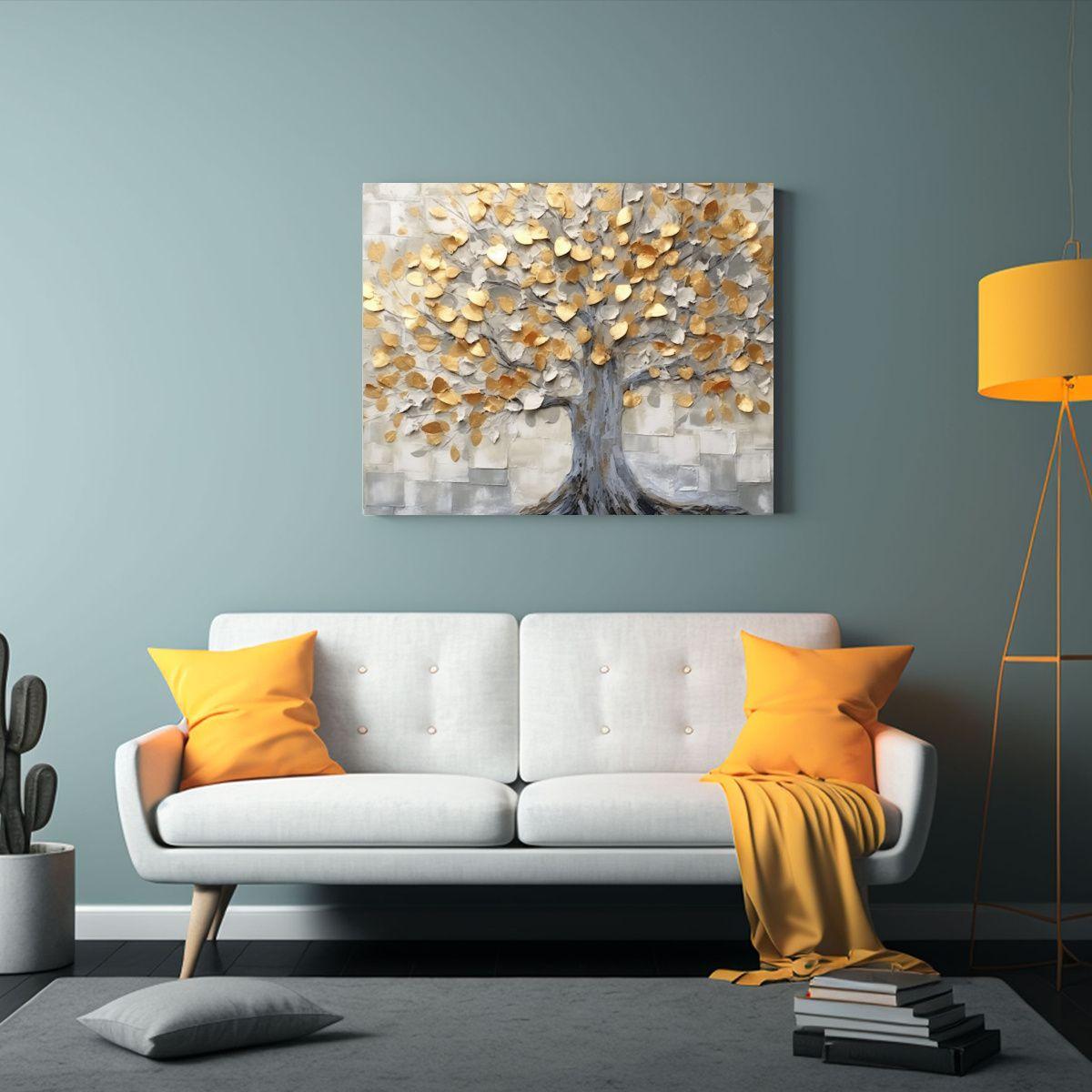 Cuadro Moderno Impactante Árbol Con Hojas Grises Y Toques D 50x40cm-2