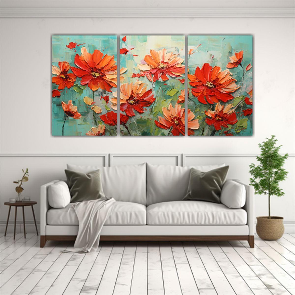 Tríptico Vanguardista De Flores Verdes Y Rojas 240x120 Cm-2