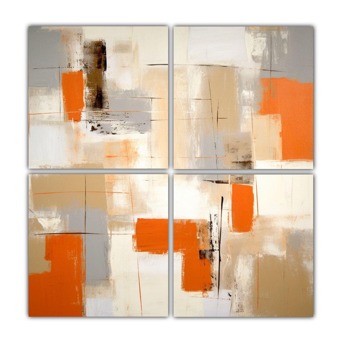Pintura Abstracta Beige Y Naranja En Bastidor De 120x120 Cm-0