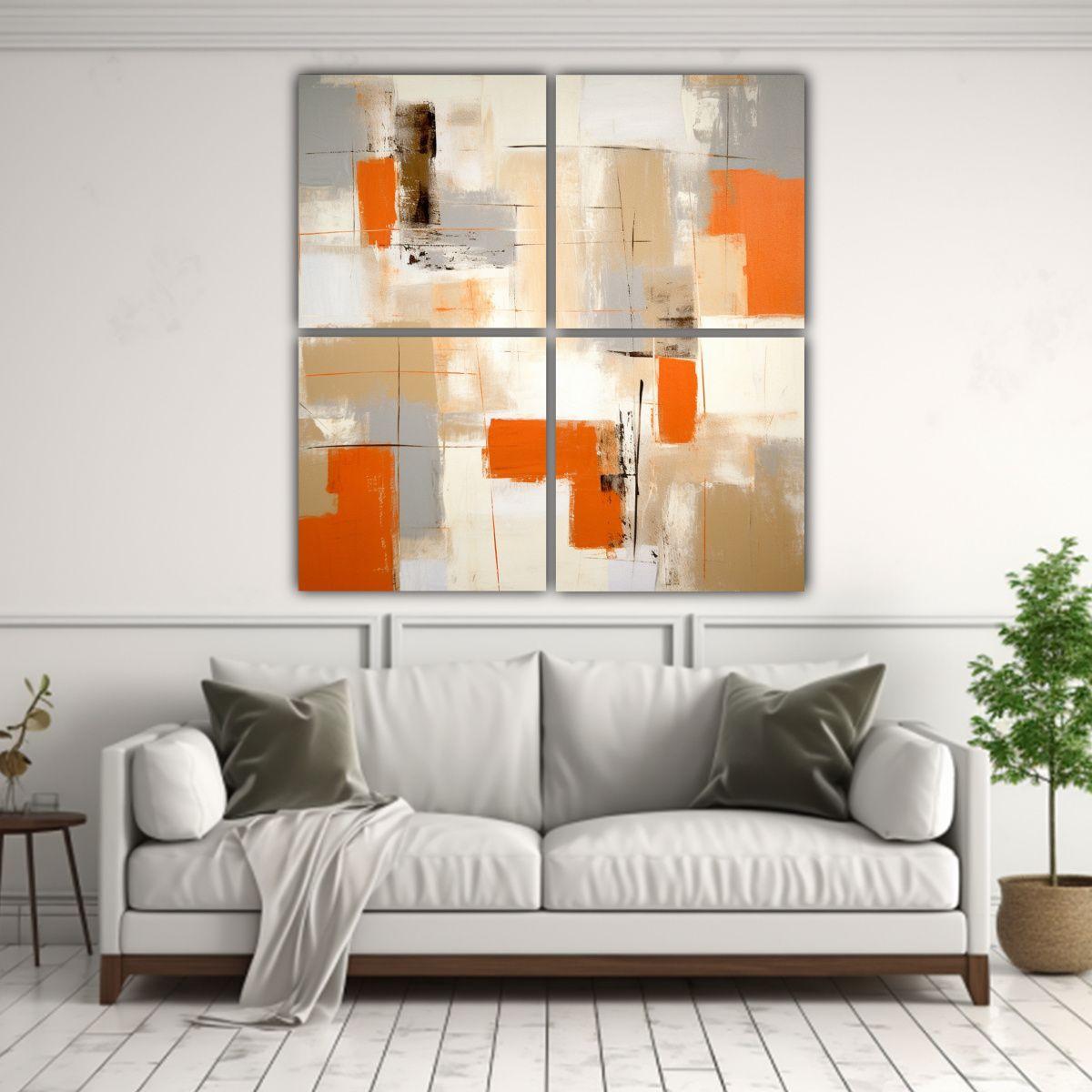 Pintura Abstracta Beige Y Naranja En Bastidor De 120x120 Cm-2