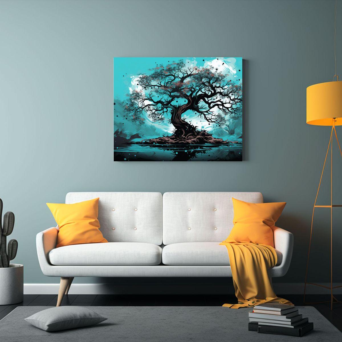 Pintura Abstracta Mural Árbol De Banyan En Turquesa Y Negro 40x30cm-2