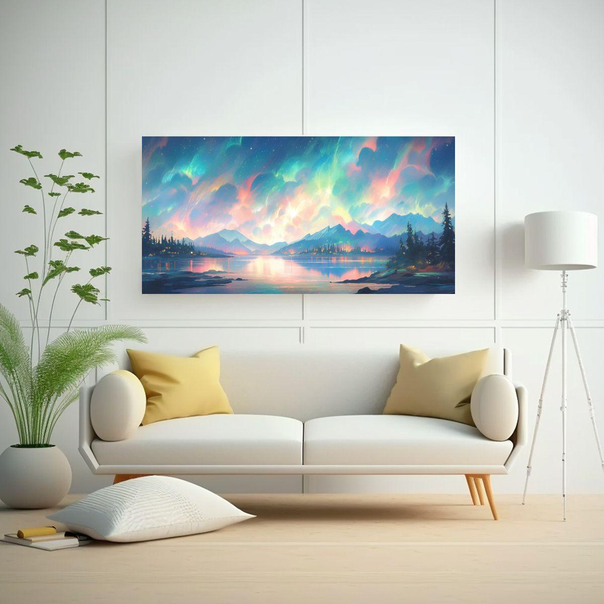 Cuadro Abstracto Impactante Aurora Boreal Turquesa 140x70cm-2