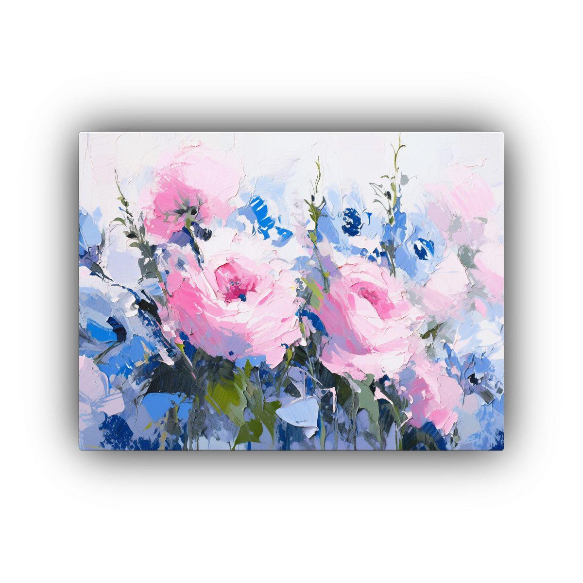 Pintura De Flores Mágicas En Rosa Y Azul Sobre Lienzo Decor 60x40cm-0