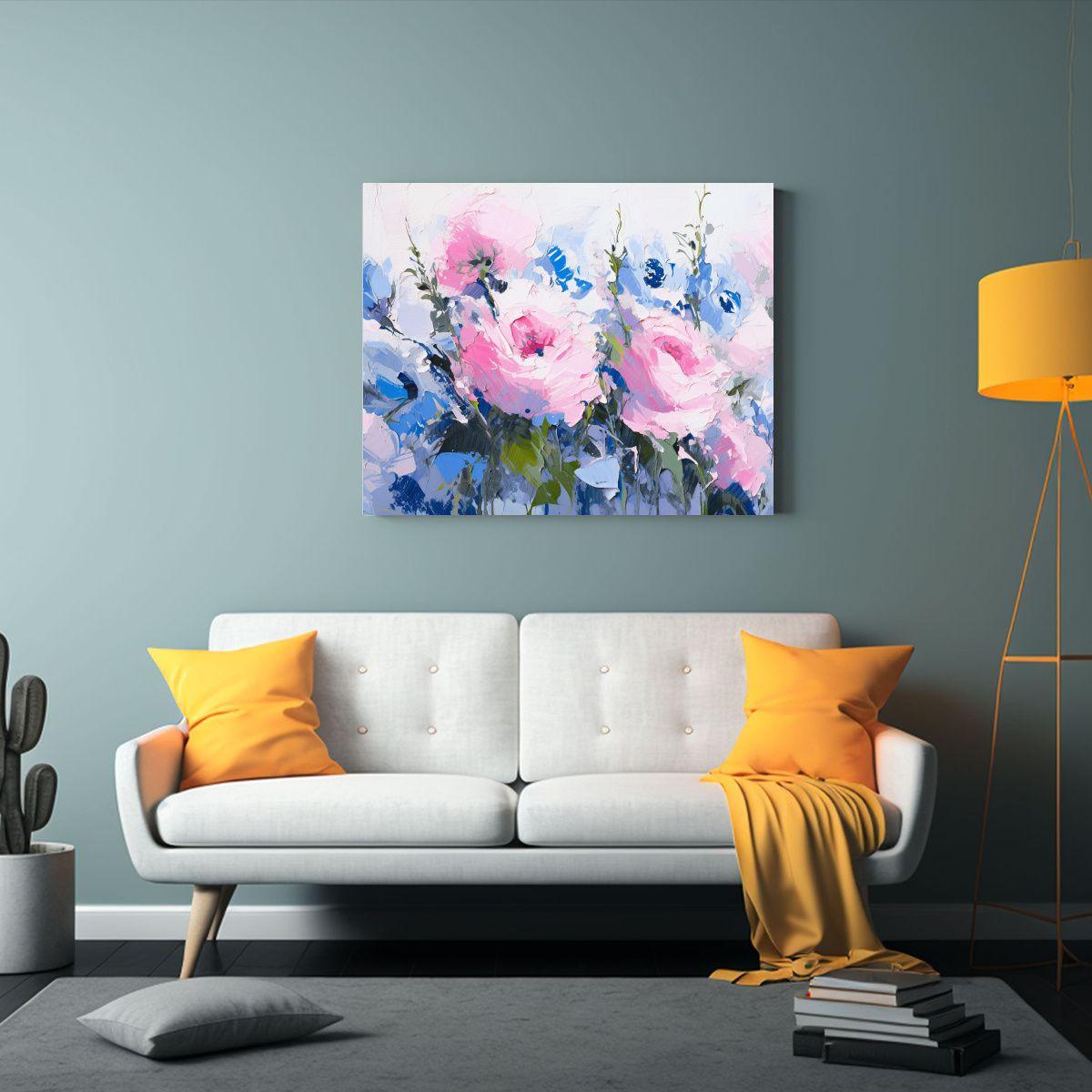 Pintura De Flores Mágicas En Rosa Y Azul Sobre Lienzo Decor 60x40cm-2