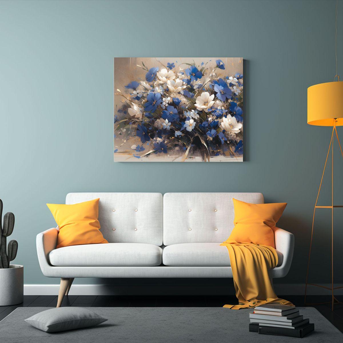 Cuadro Temático De Flores En Azul Y Dorado Sobre Lienzo. 60x40cm-2