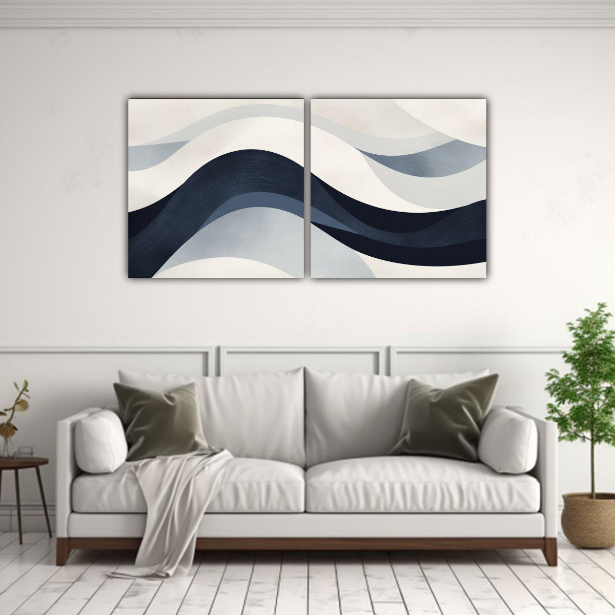 Pintura Abstracta Azul Y Gris En Lienzo Blanco 140x70 Cm-2