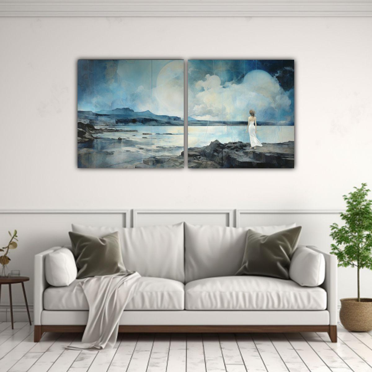 Cuadros Abstracto Mágico En Azul Teal Y Plata, 160x80 Cm-2