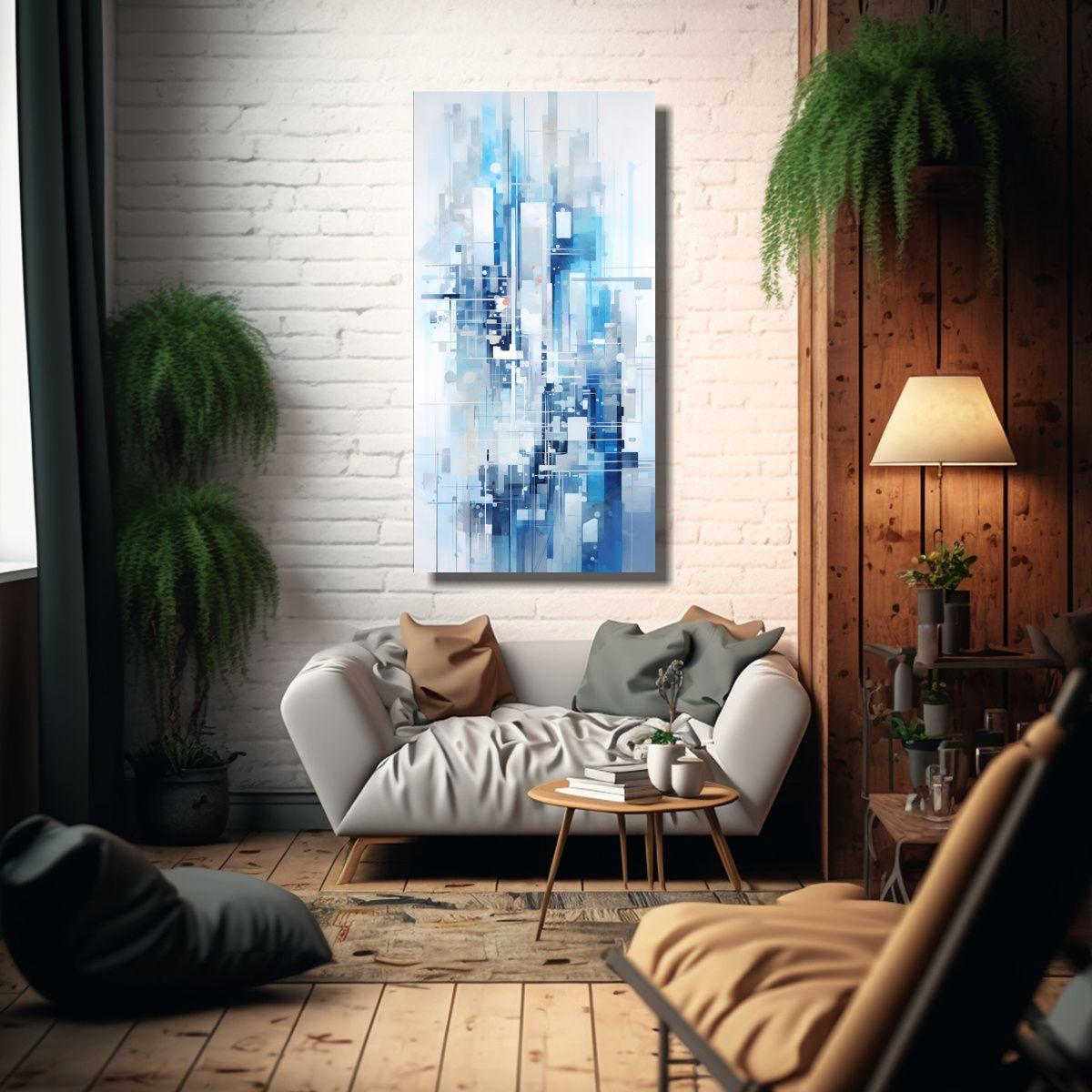 Pintura Abstracta Ciudad Edificio Azul Y Blanco 70x140cm-2