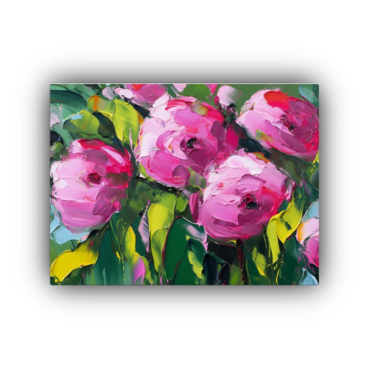 Cuadro De Flores En Lienzo Moderno En Tonos Verde Y Magenta 45x30cm-0