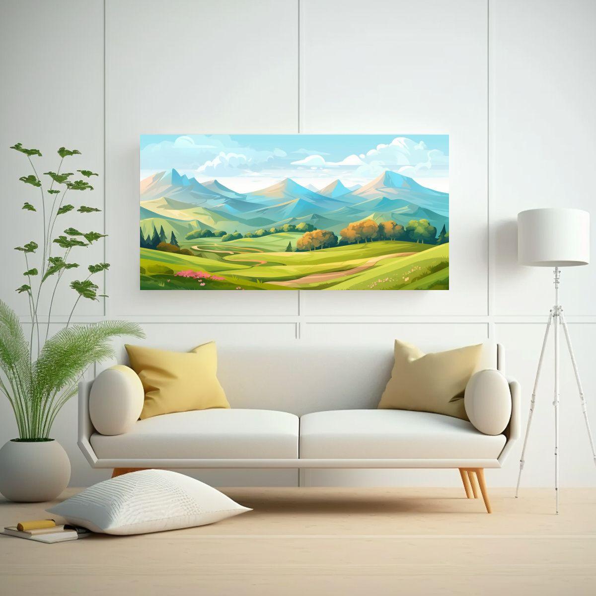Paisaje De Montaña Colorido Y Limpio En Estilo 40x20cm-2