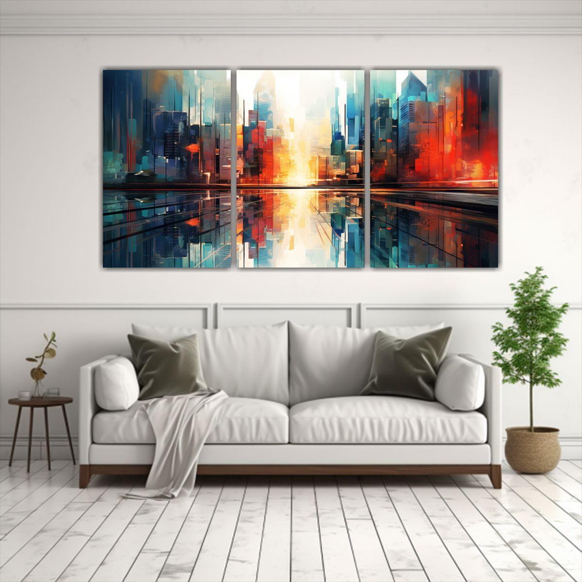 Tres Lienzos Decorativos Abstractos De Ciudad 120x60 Cm-2