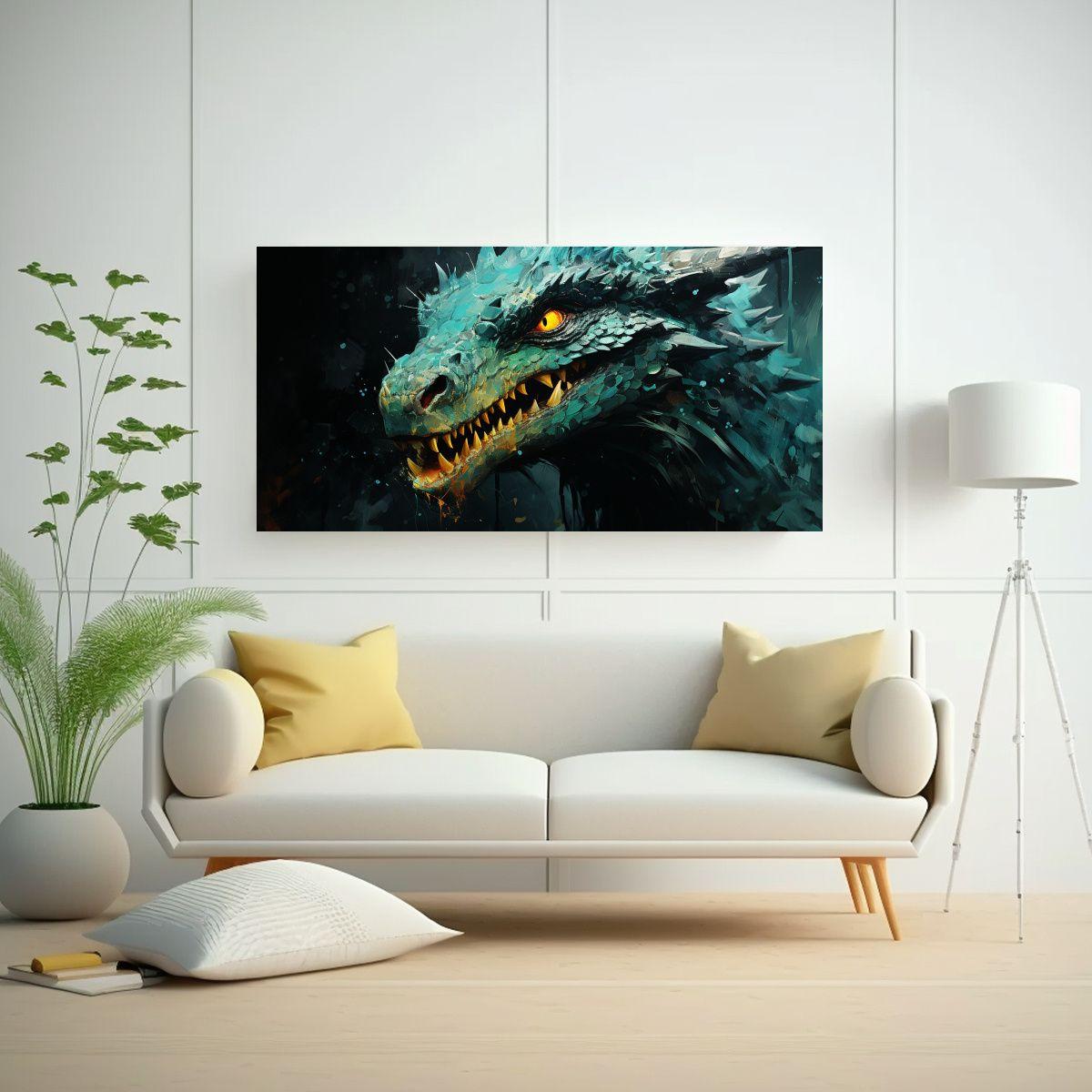 Cuadro Patron Vibrante De Dragon En Colores Verde 100x50 Cm-2