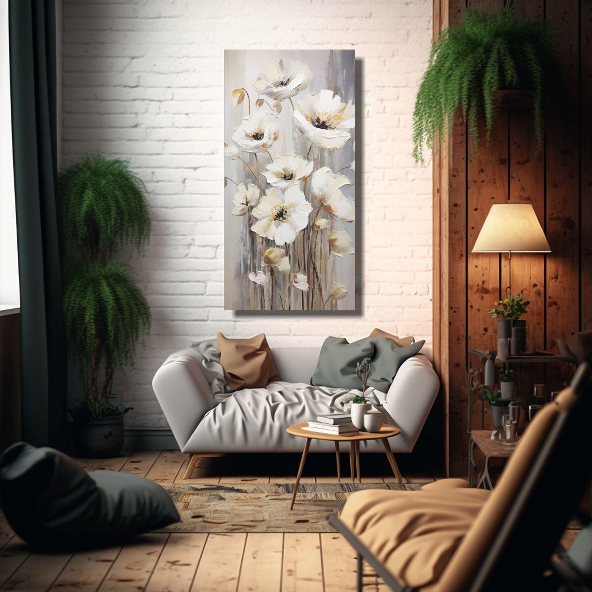 Cuadro Pintura Blanca De Amapolas En Lienzo 40x80cm-2