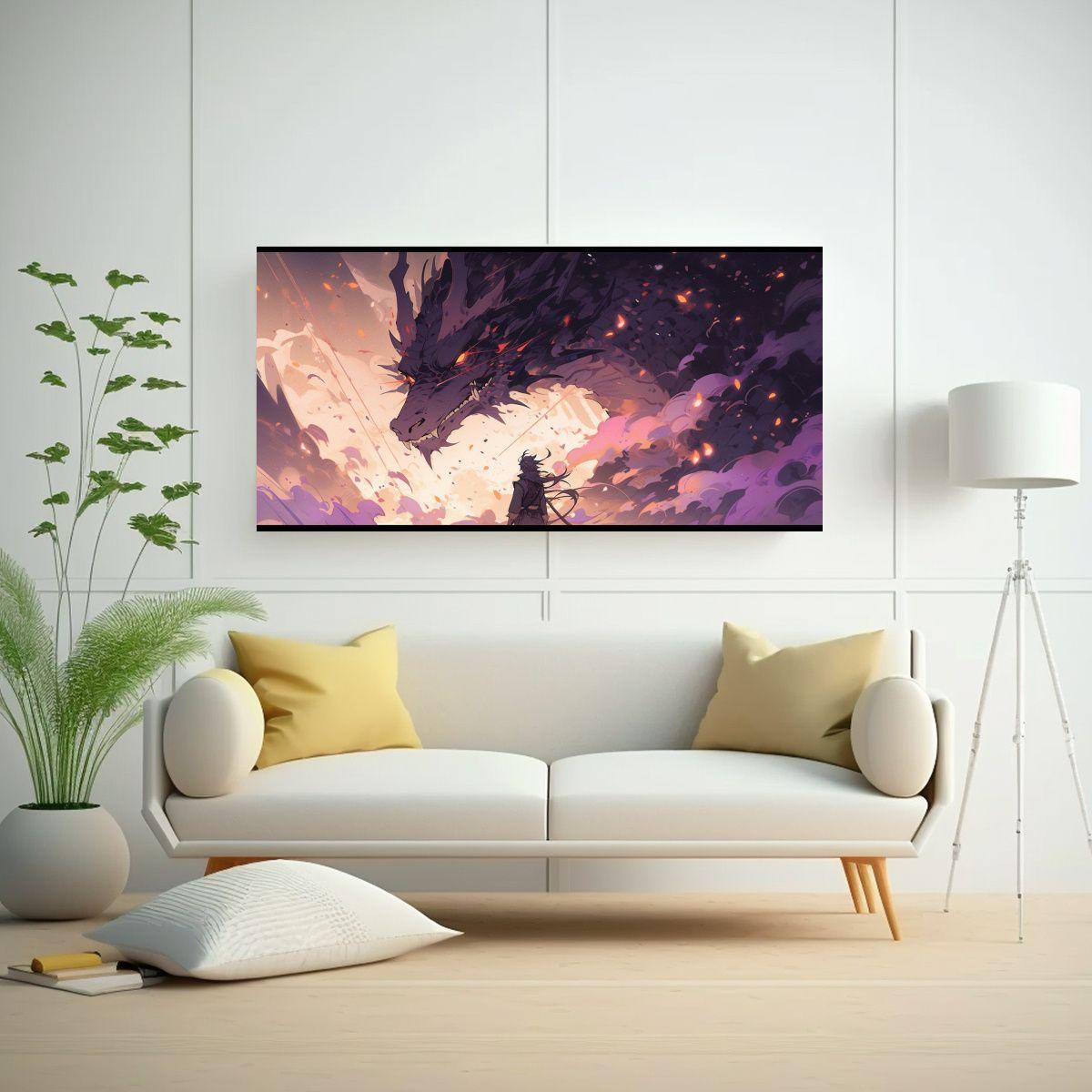 Cuadro En Bastidor: Dragón Marrón Y Morado, 140x70cm-2