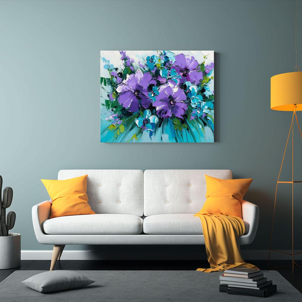 Pintura De Flores Moradas Y Turquesas En Lienzo. 60x40cm-2