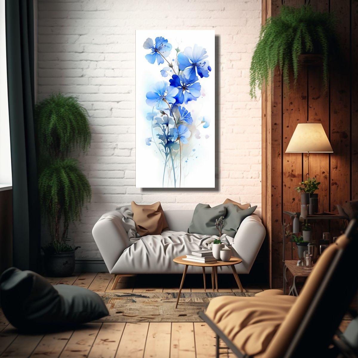 Pintura Abstracta De Flores Geranio Blanco Y Azul 70x140cm-2