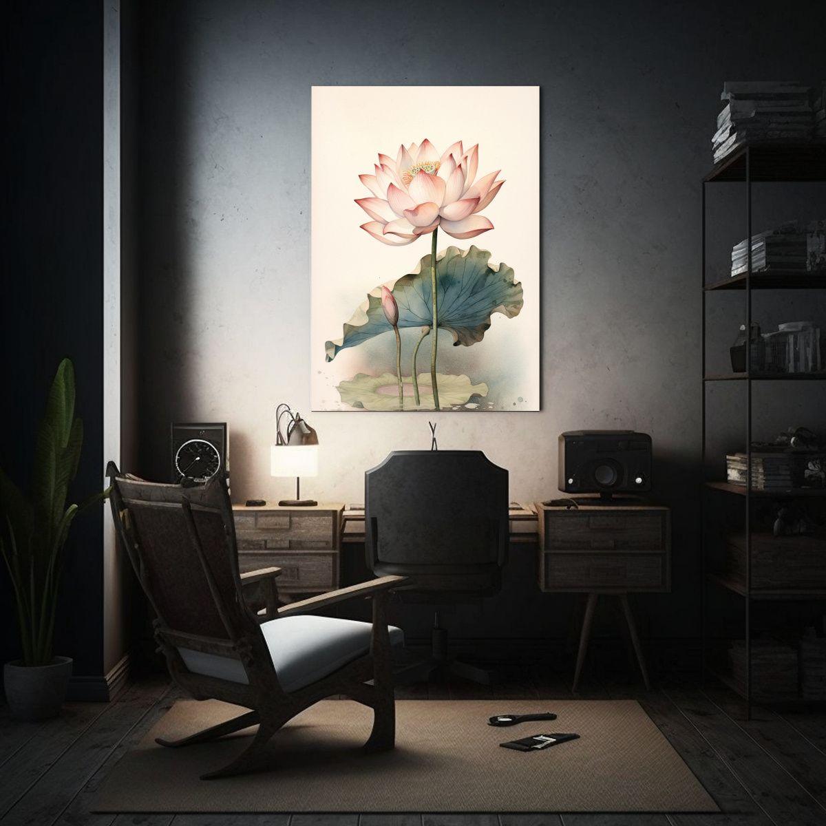 Pintura Acuarela De Loto Rosa Con Hojas De Loto: 80x120 Cm-2