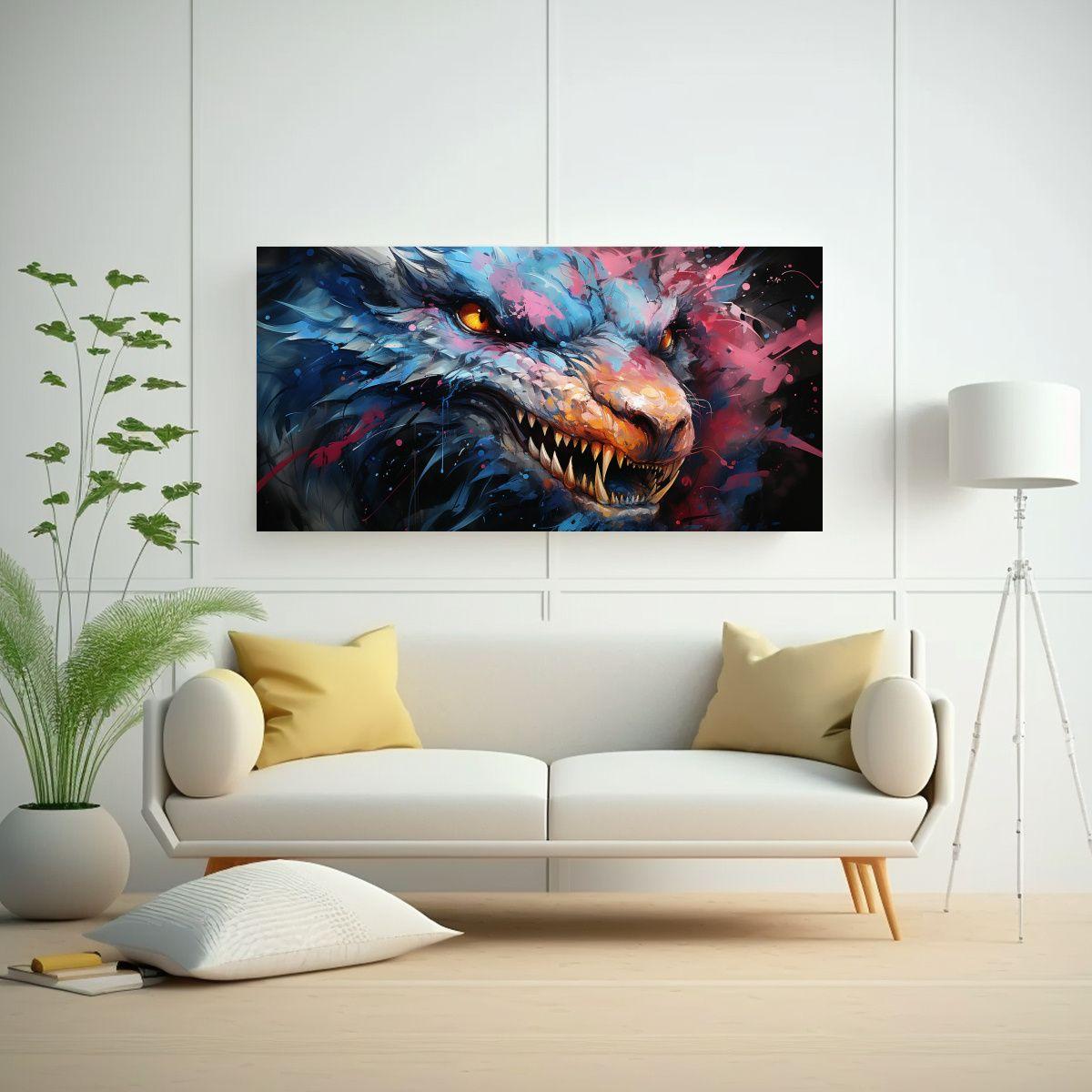 Pintura En Bastidor: Dragón Vibrante En Azules Co 80x40cm-2