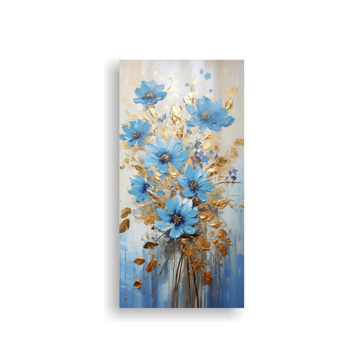 Cuadro De Pared Floral Dorado Y Azul En Lienzo 40x80cm-0