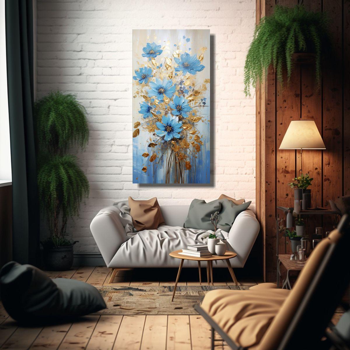 Cuadro De Pared Floral Dorado Y Azul En Lienzo 40x80cm-2
