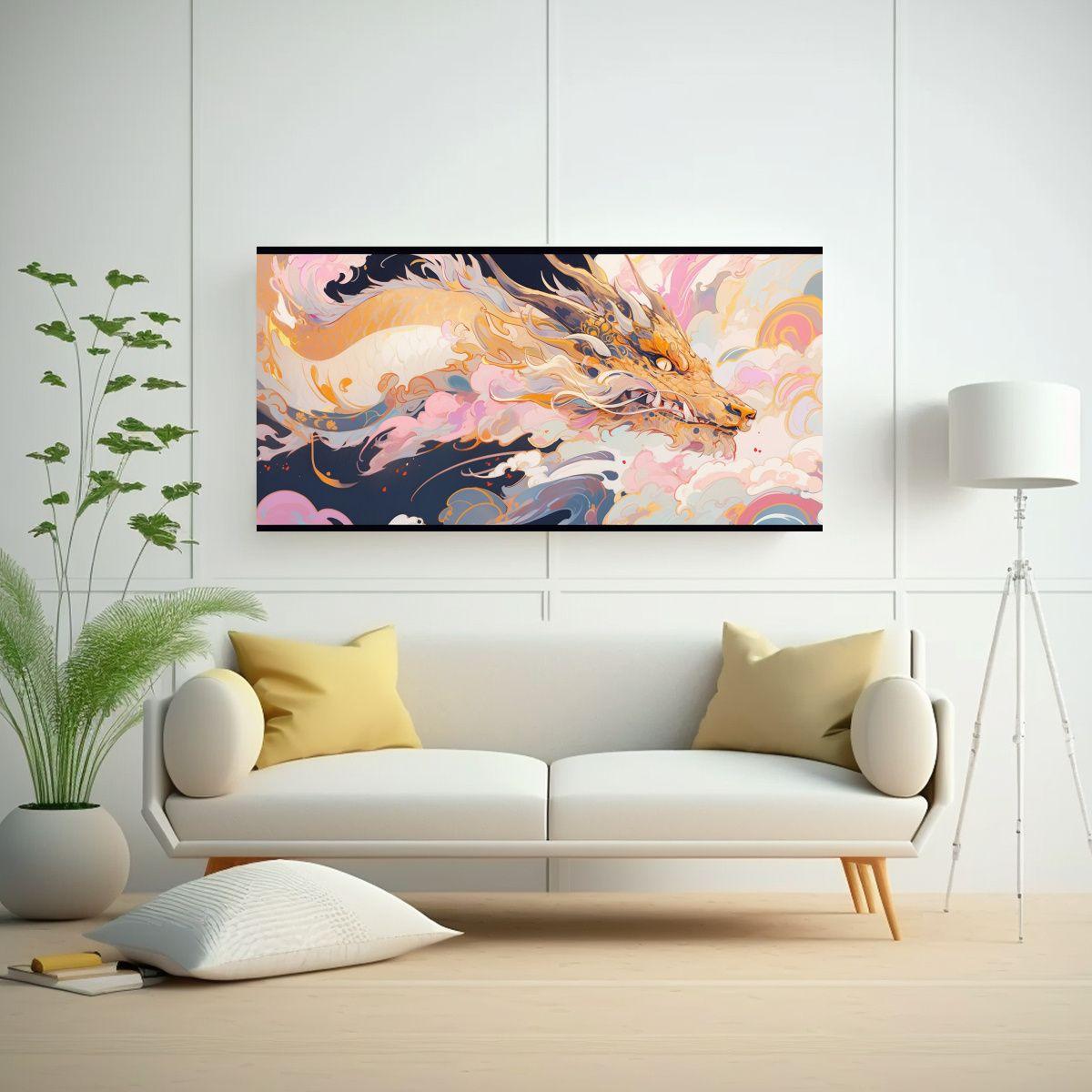 Pintura Armoniosa: Dragón En Tonos Pastel Y Oro, 40x20cm-2