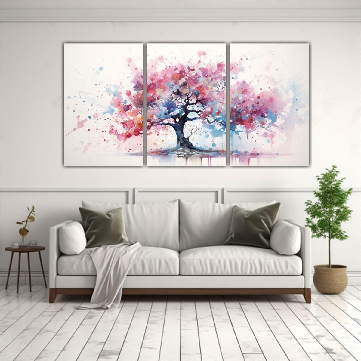 Cuadro De Árbol Rosa Y Azul Con Relieve: Pintura 180x90 Cm-2